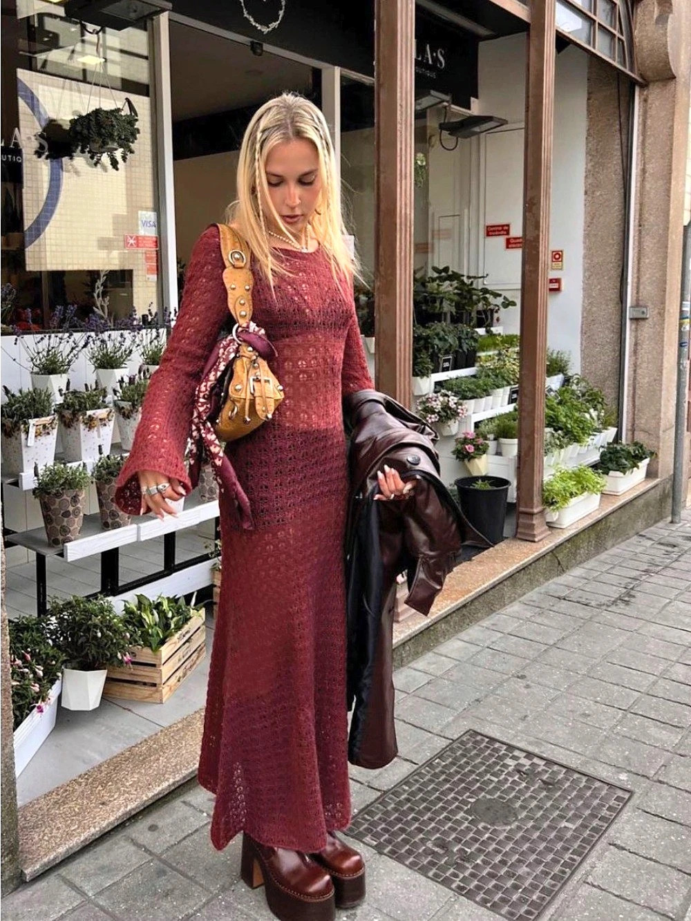 VRG GRL Crochet Maxi Dress in Burgundy